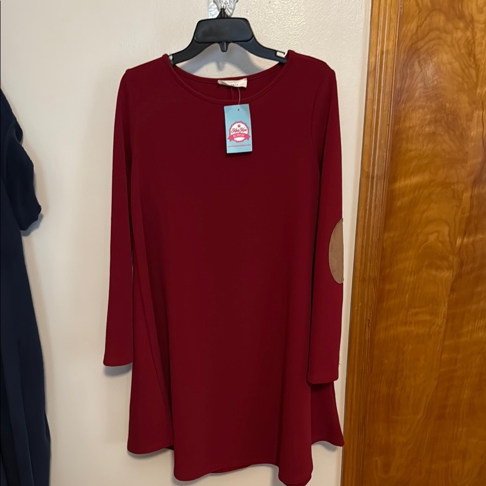 Burgundy A-Line Long Sleeve Crew Neck Dress with suede elbow patches